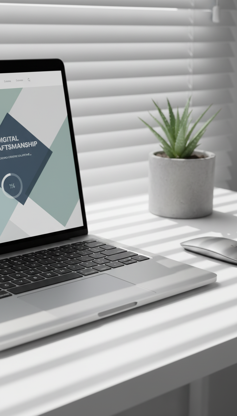 A close-up, low-angle image of a custom website loading on a razor-thin, high-resolution laptop with a brushed silver exterior and minimalist logo. The laptop is open on a clutter-free white workstation, beside a slim wireless mouse and a single, carefully arranged potted aloe plant in a concrete pot. Natural morning light filters softly through a nearby blind, casting subtle, linear shadows across the workspace and gently illuminating the laptop screen. The camera composition emphasizes the laptop’s sleek profile and sharp screen clarity, utilizing shallow focus to gently blur the background. The mood is fresh, efficient, and sharply professional, embodying a clean, photographic style with a balanced, modern layout—ideal for showcasing digital craftsmanship in a web development studio context.