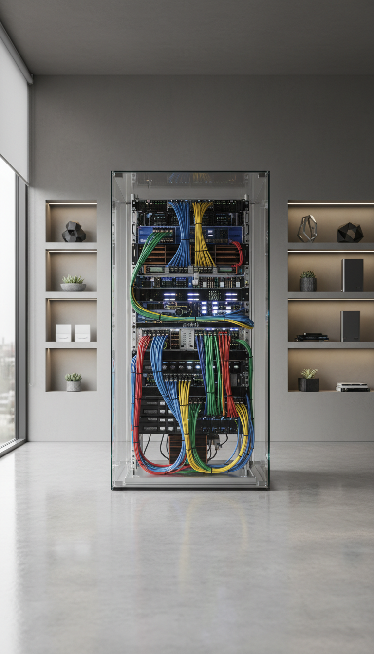 A sleek, glass-encased web server rack filled with organized, color-coded Ethernet cables and high-end hardware, all components meticulously arranged with clean lines and metallic finishes. The server rack stands on a seamless polished concrete floor in a spacious, modern studio office with neutral gray walls and built-in shelving displaying minimalist tech accessories. Diffused overcast window light bathes the equipment, softly illuminating the structured layout and casting subtle reflections on the glass. The image is composed at eye level with perfect symmetry, conveying a sense of order and professionalism. The mood is calm, structured, and highly technical. This image embodies photographic realism and supports the site’s engineering-first, performance-focused ethos for a web development studio.