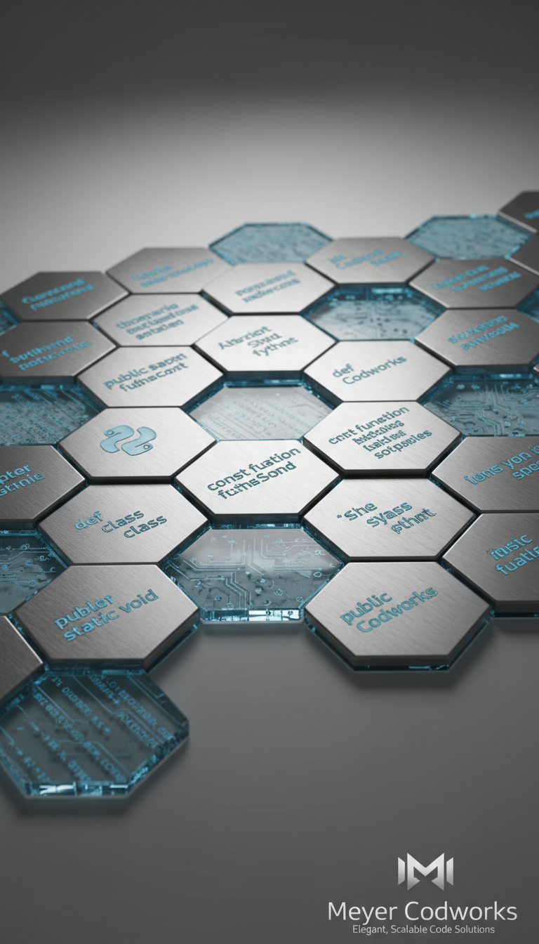 An abstract close-up of shimmering, interlocking hexagonal code blocks crafted from brushed metal and glass, each engraved with intricate, readable snippets of modern programming languages. These hexagons are arranged in a seamless network pattern on a neutral gradient background, evoking both complexity and deliberate precision. Crisp studio lighting produces delicate highlights along the beveled edges and casts soft, geometric shadows, emphasizing dimensional depth. The composition uses central framing and a shallow depth of field to draw attention to the tessellated structure. The atmosphere is innovative and technical, carrying a clean, corporate photographic aesthetic that visually represents Meyer Codeworks' commitment to elegant, scalable code solutions.