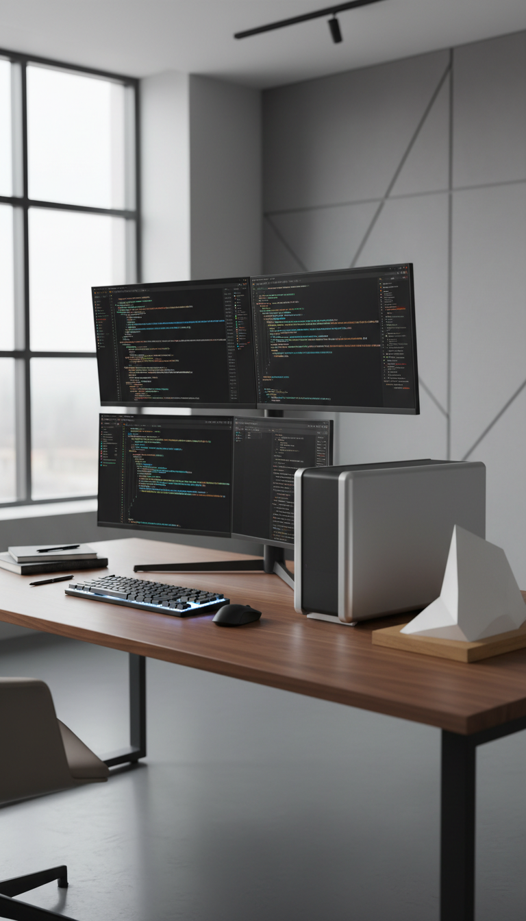 A modern, custom-built desktop workstation featuring a minimalist matte aluminum chassis, dual ultra-wide monitors displaying lines of clean, colorful source code on dark mode backgrounds, and a wireless mechanical keyboard with crisp white backlighting. The setup is arranged with impeccable order on a solid walnut desk, accented by a few neatly stacked notebooks and a miniature architectural model of a building. The environment is a spacious, light-filled office with large windows and subtle geometric wall panels. Soft, natural daylight creates gentle shadows and highlights, enhancing the workspace’s tidy surfaces. Shot from a slightly elevated angle using a rule-of-thirds composition and shallow depth of field, this image exudes a sense of focused productivity and thoughtful design. The clean, professional photographic style perfectly aligns with Meyer Codeworks' emphasis on modern, scalable engineering.