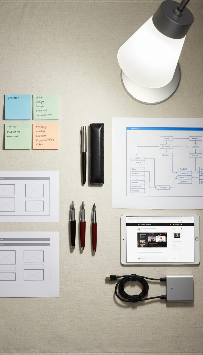 A flat-lay view of a meticulously arranged web development project workflow: color-coded sticky notes, printed site wireframes, technical diagrams, and premium fountain pens set against a neutral-toned linen desktop mat. Nearby, a slim, metallic tablet displays a responsive website prototype next to a high-speed SSD drive and a few neatly bundled USB-C cables. Soft, indirect lighting from a frosted desk lamp gently brightens the overall scene, reducing harsh contrasts and enhancing detail. The composition is balanced with clean negative space, creating a sense of clarity and deliberate organization. The mood is structured, professional, and quietly energetic, presented in a crisp photographic realism style fitting for an engineering-focused digital studio.